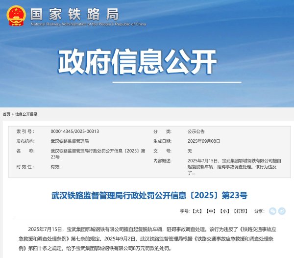 民间资本 擅自起复脱轨车辆, 阻碍事故调查处理, 宝武集团鄂城钢铁被罚8万